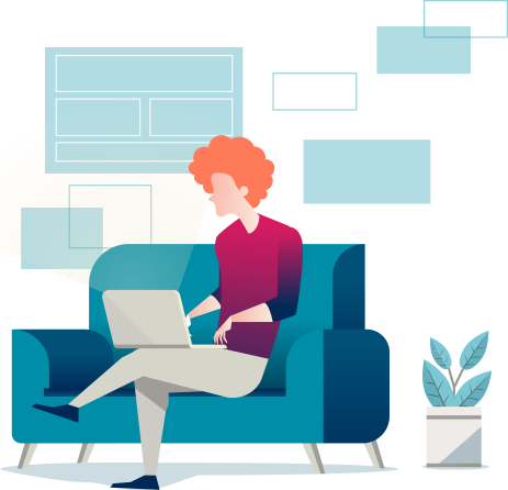 Picture of a woman on a couch with her laptop.