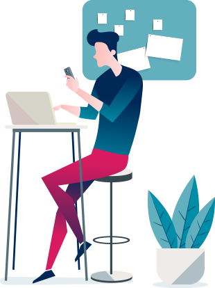 Picture of a man on a stool with his mobile phone and laptop.